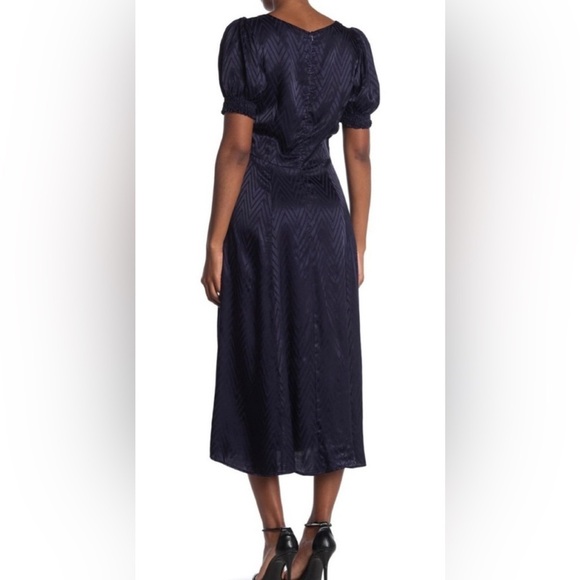 Maisie Navy Blue Morton Chevron Puff Sleeve Satin Silky Midi Dress XL - Picture 3 of 9